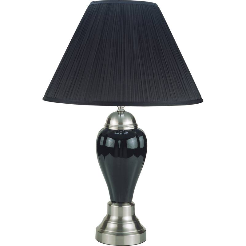 1pc Elegant Crafted Table Lamp Glossy Gray Base Contrasting Metallic Details Pleated Shade Modern Look Porcelain Rotary Switch - Black
