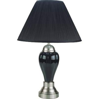 1pc Elegant Table Lamp Glossy Gray Base Metallic Details Pleated Shade Modern 100W