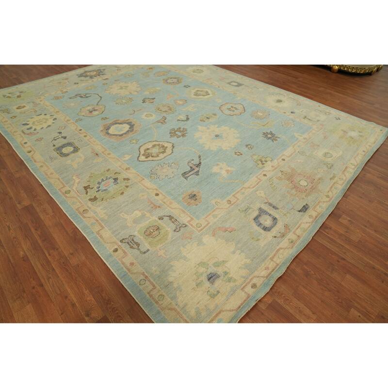 Vegetable Dye Blue Oushak Turkish Area Rug, Floral Geometric Carpet - 12' 0'' X 9' 3''