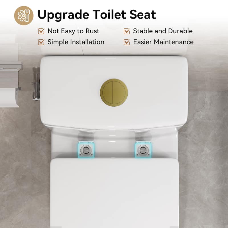 HOROW 1-Piece 0.8/1.28 GPF High Efficiency Dual Flush Toilet in White with Soft-Close Seat and Brushed Gold Push Button
