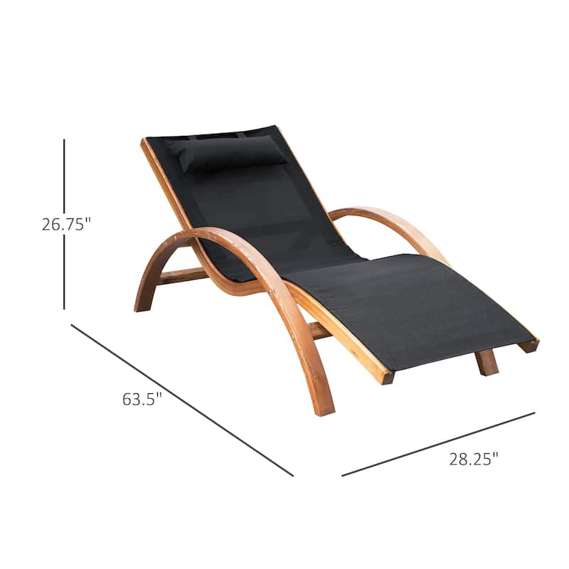 Outsunny Outdoor Chaise Wood Lounge Chair with Pillow, Armrests, Breathable Sling Mesh for Patio, Deck, and Poolside