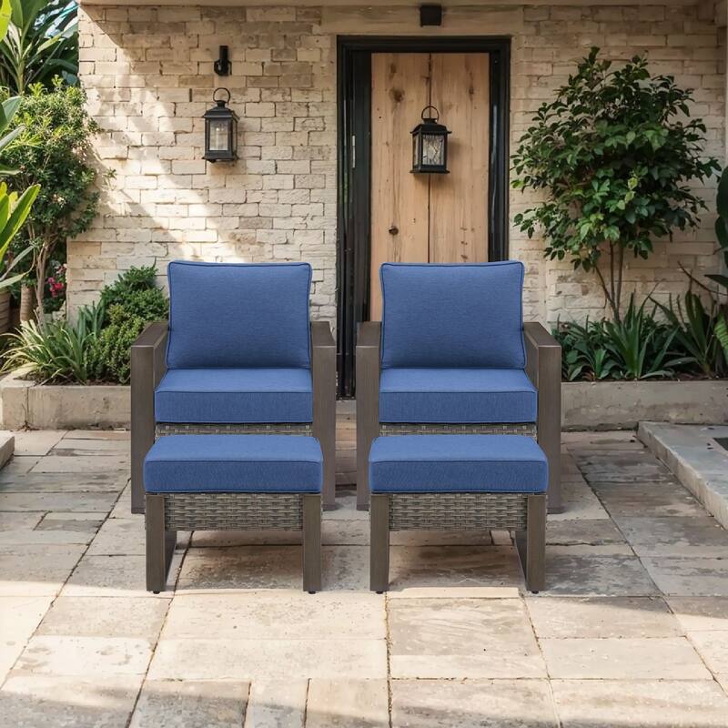 Pocassy Outdoor Patio Chairs Set for Garden Yards - 4 Pieces Patio Chairs w/ Ottoman - Grey Wicker Blue Cushion