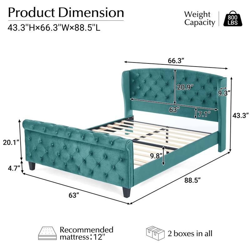 Christopher Knight Home - Amara Traditional Velvet Upholstered Sleigh Bed with Wingback Headboard & Scroll Footboard, Queen Size