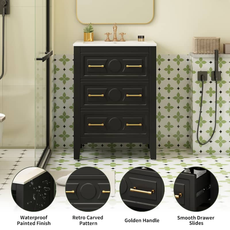 24-Inch Bathroom Vanity with Ceramic Sink, Solid Wood Frame Vanity Cabinet with 3 Drawers, Freestanding Storage