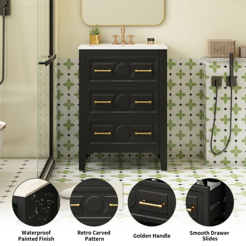 24 Inch Solid Wood Bathroom Vanity with Ceramic Sink, 3-Drawer Free Standing Storage Cabinet for Bathroom