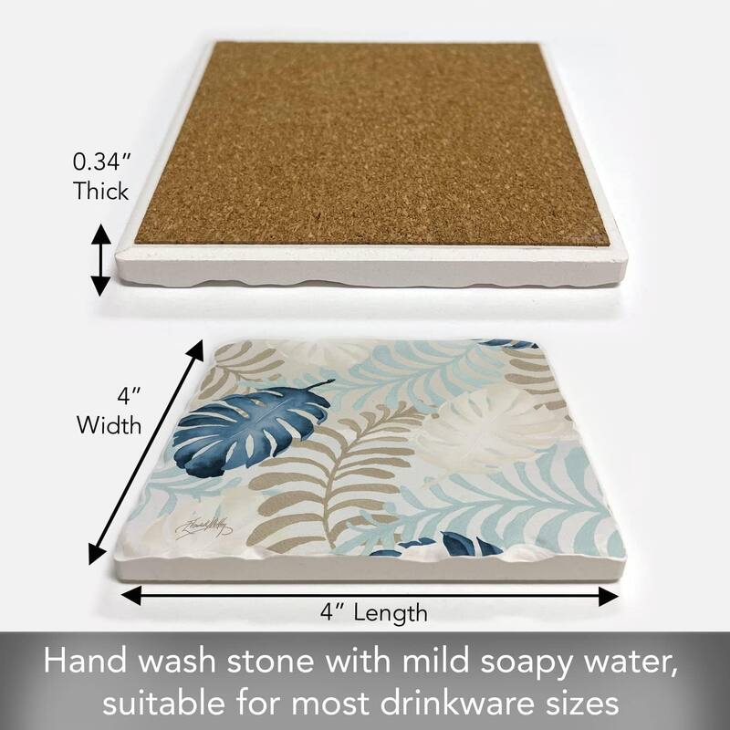 Absorbent Stone Tumbled Tile Coasters, Blue Havana Palm, Set of 4