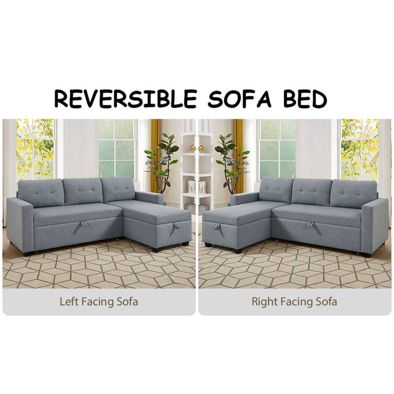 Modern Upholstered Pull Out Sectional Sofa with Storage Chaise