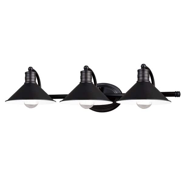 slide 2 of 9, Akron 3-Light 28 in. W Bathroom Vanity Lighting Fixture, Metal Shade, Dimmable LED Compatible, Over the Mirror Mount Wall Sconce 28-in W x 6.25-in H x 10-in D - Oil Rubbed Bronze and Matte White