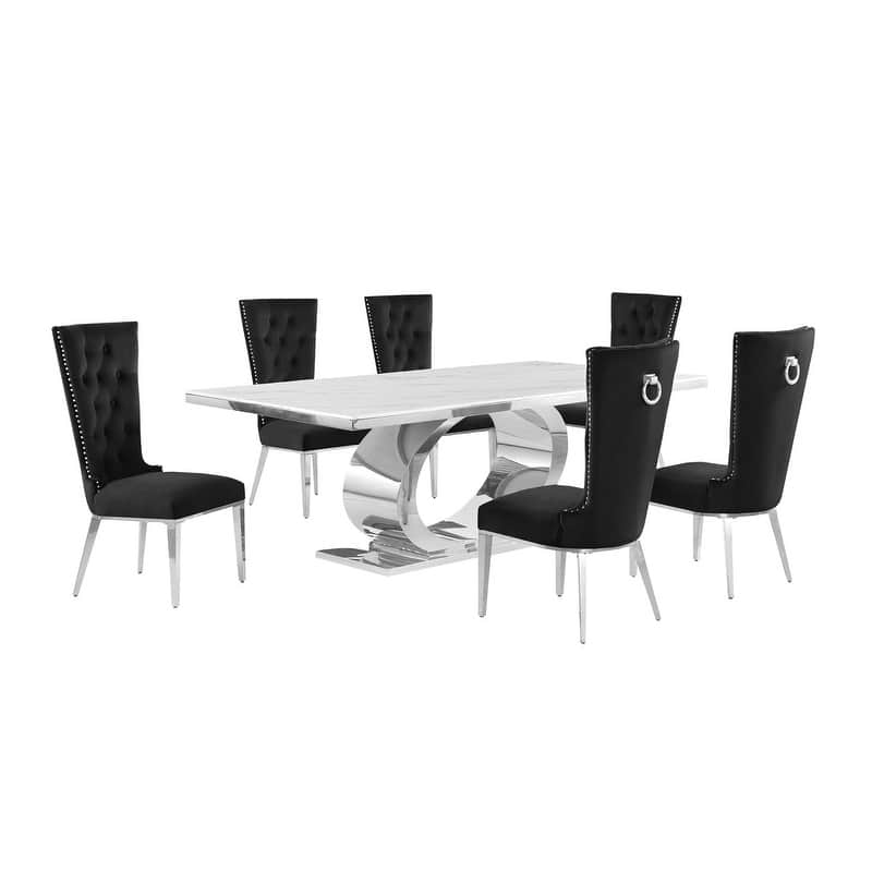 Best Quality Furniture D432/3-SC330-7 Dining Set with 87" White Marble Top