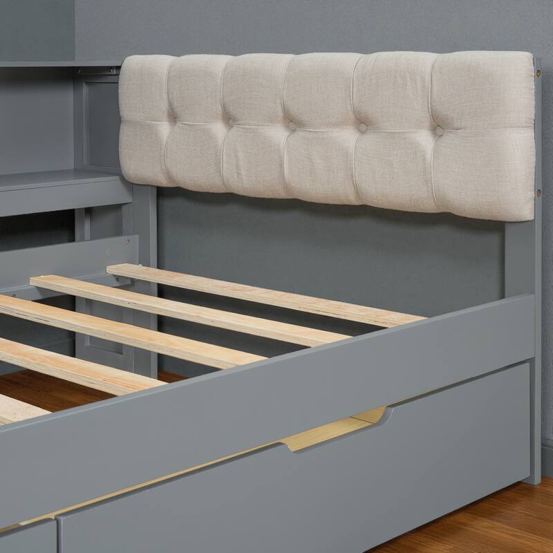 Wood Twin/Full Platform Bed with Upholstered Headboard, Storage Shelves, Drawers and Charging Station, No Box Spring Needed