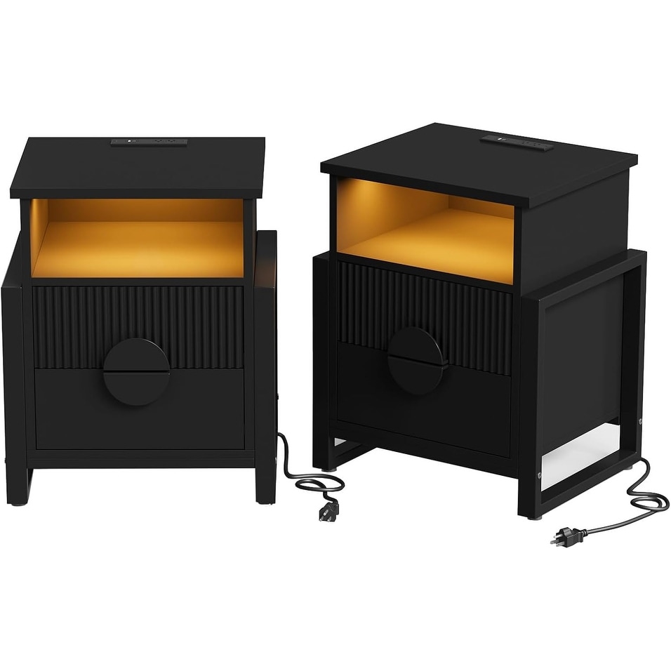 Set of 2 Fluted Nightstands with Charger Station, LED Strip Lights, 2 Drawers, and Open Cubby, Black