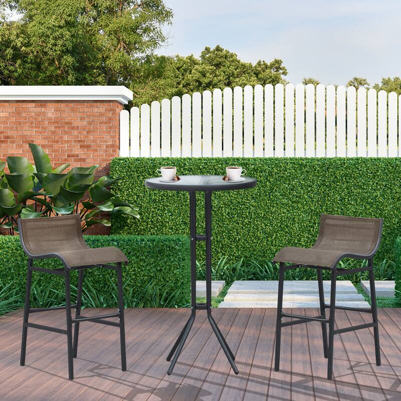 3-Piece Outdoor Pub Bistro Set with Round Glass-Top Table and 2 Bar Chairs, Weather-Resistant Patio Furniture for Garden聽