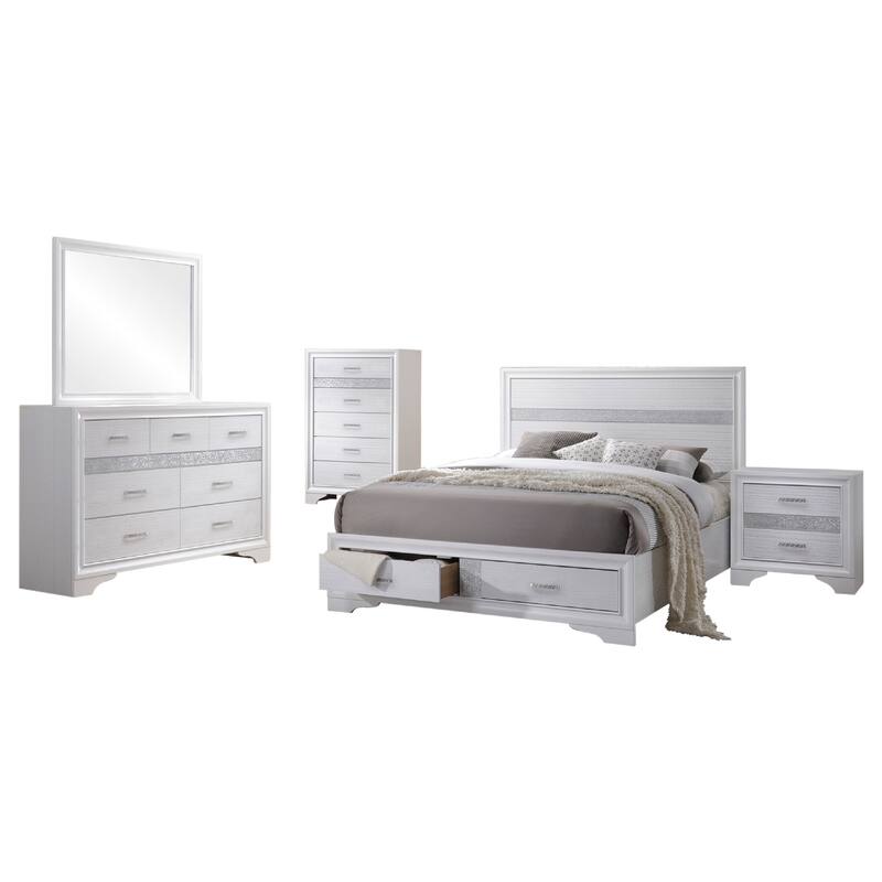 Vino White 5 Piece King Bed Set with Storage, Dressers, Glitter Accent