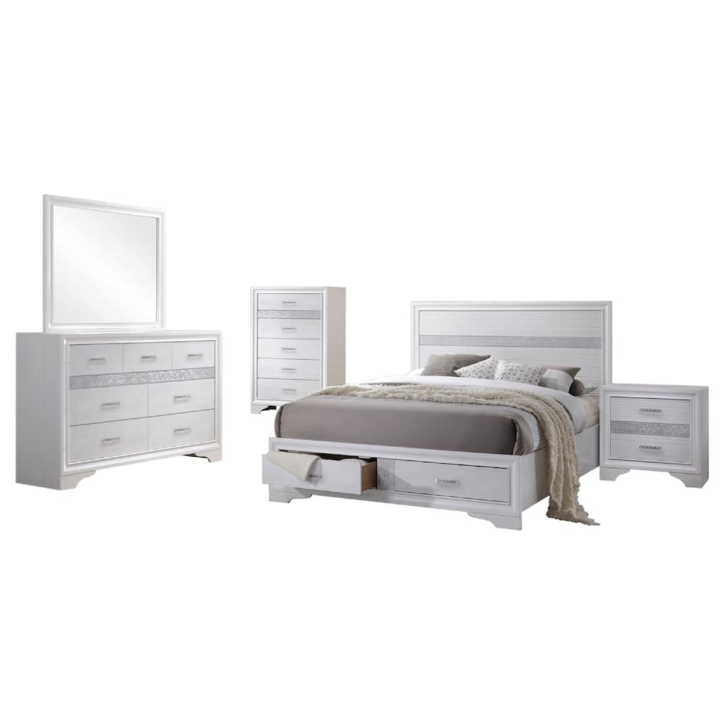 Vino White 5 Piece King Bed Set with Storage, Dressers, Glitter Accent