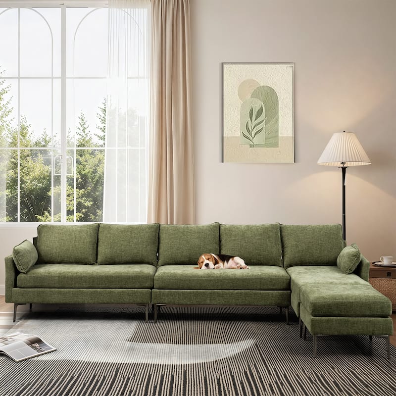 Modern Chenille Sectional Sofa with Reversible Chaise and Ottoman, Perfect for Living Rooms with Sleeper Function - Green - Right Facing