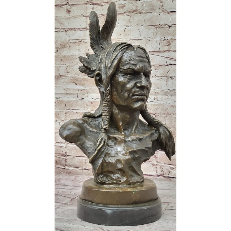Hot Cast Bronze Bust Sculpture Statue Of Native American Indian Man W/ Braided Hair