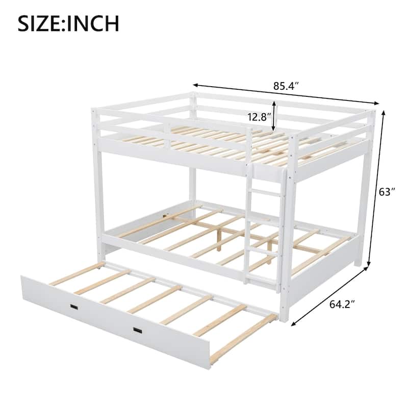 Wood Queen Bunk Bed Frame with Ladder and Trundle, Slatted Support, Safe Railings, Easy Assembly Included