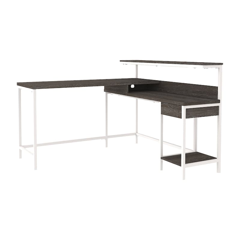 Dorrinson Casual L-Desk with Storage, Antique White/Brown