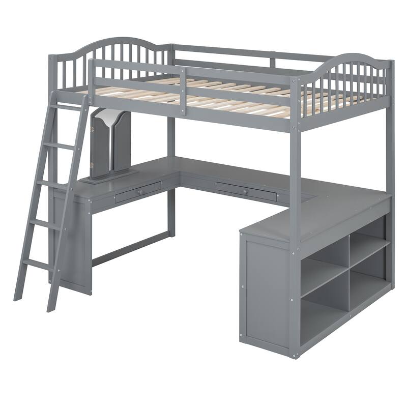 Full Gray Wooden Loft Bed with U-Shaped Desk, Storage Compartments & Tri-Fold Mirror