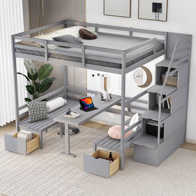Full Size Bed with staircase,Down Bed Convertible to Seats and Table