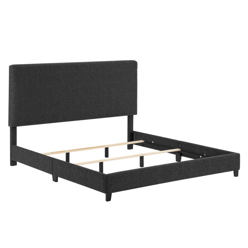 Charcoal Grey Upholstered King Size Platform Bed with Padded Headboard
