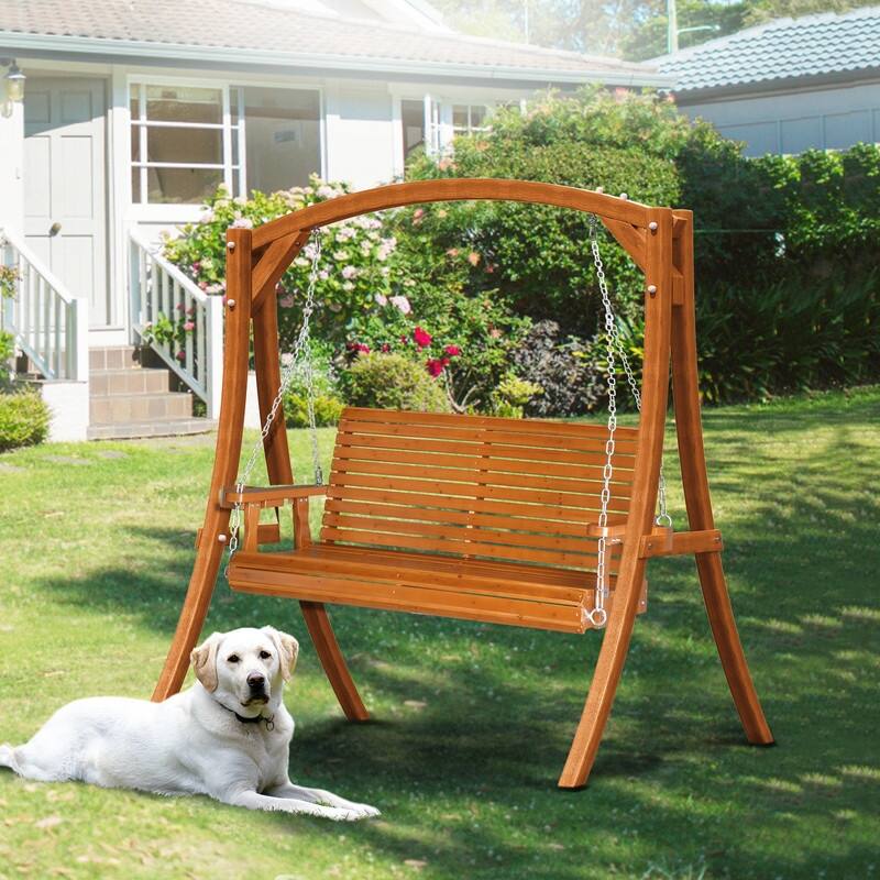 Upgraded 2-Person Wood Porch Swing with Cup Holders and Chains - N/A