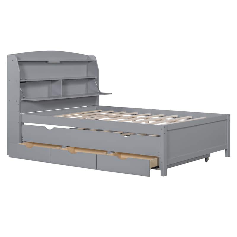 Full Size Wooden LED Platform Bed with Trundle, Storage Headboard Modern Floor Standing Bed Frame with Drawers