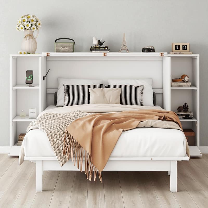 Full/Queen Size Murphy Wall Bed with Storage Shelves, Drawers and USB Charging Ports, Foldable Design