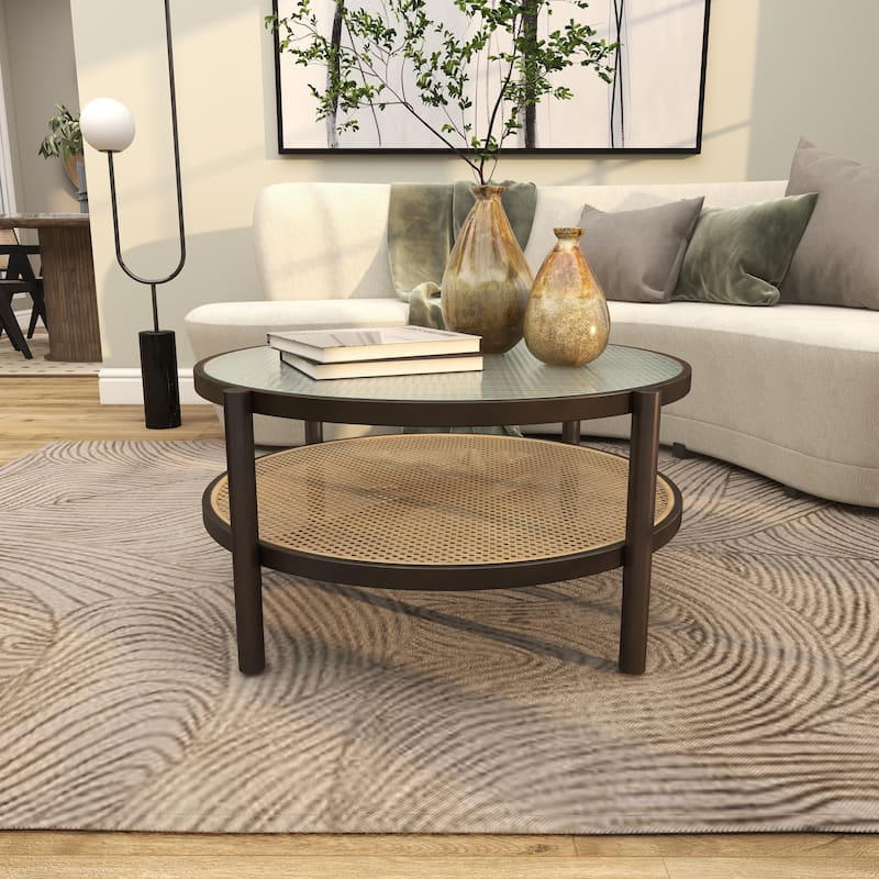 Brown Rattan Accent Table with Pressed Tempered Glass Top
