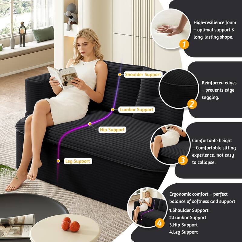 78.7 Inch Convertible Floor Sofa Bed, Plush Corduroy Sleeper Couch with Blanket and 2 Pillows, Deep Seat