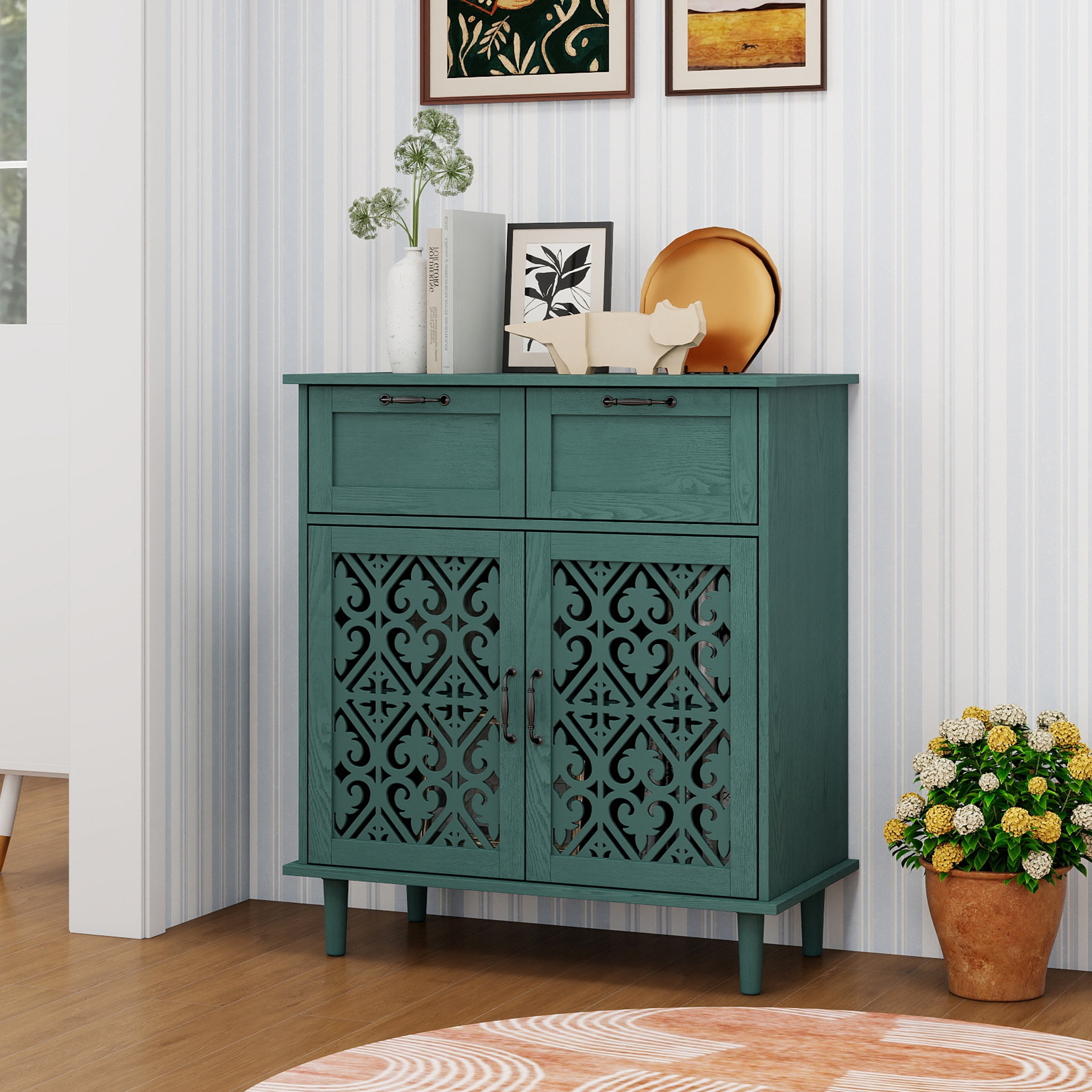 Cabinet with 2 Carved Pattern Doors & 2 Drawers, Small Entryway Storage Table, Accent Cabinet with Metal Handles & Wooden Legs