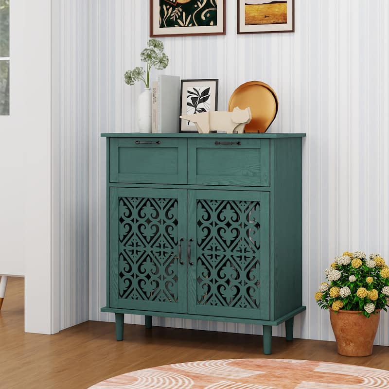 Storage Cabinet with Smooth Drawer Slides & Carved Symmetrical Doors, Accent Cabinet with Adjustable Shelves - Dark Green