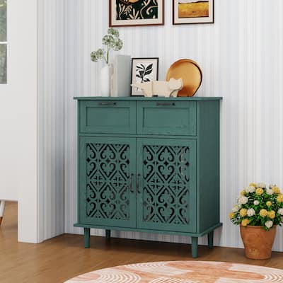 Storage Cabinet with Smooth Drawer Slides & Carved Symmetrical Doors, Accent Cabinet with Adjustable Shelves