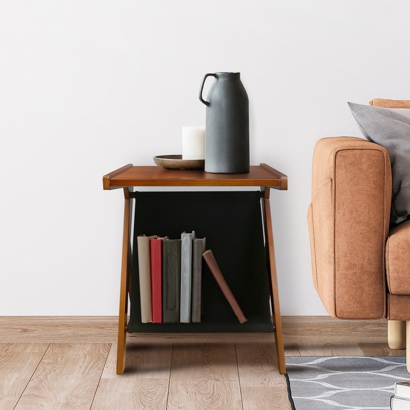 Casual Home Z-Shaped Sofa Side Table with Canvas Storage Basket