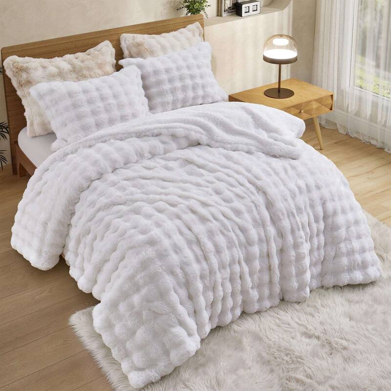 Dual-Side Fluffy Sherpa Comforter Set, Winter Plush Fuzzy Bedding Set