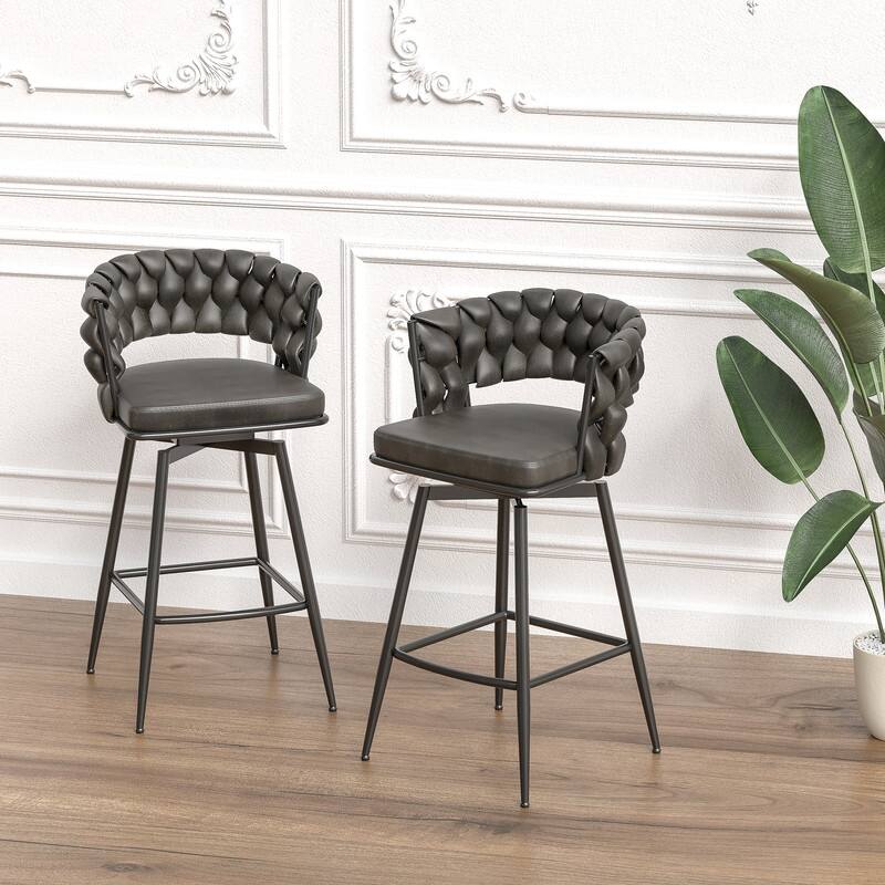 Modern Upholstered Bar Height Barstools Set of 2/360 Swivel/With Footrest and Back