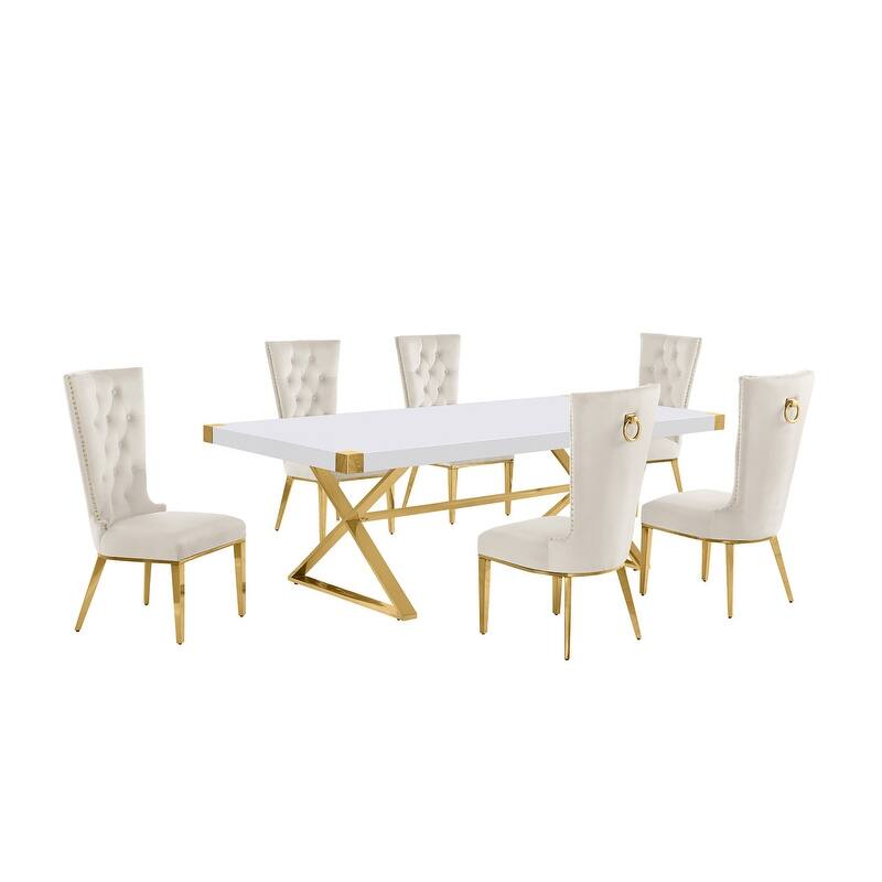 Best Quality Furniture D442/3-SC330-7 Dining Set with 94" White Lacquer Wood Top