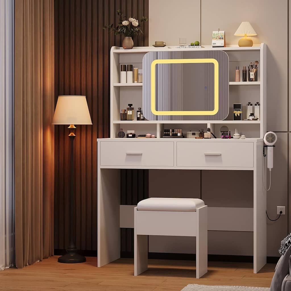 2 Drawer Vanity Desk Makeup Table with Charging Station, Storage Shelves