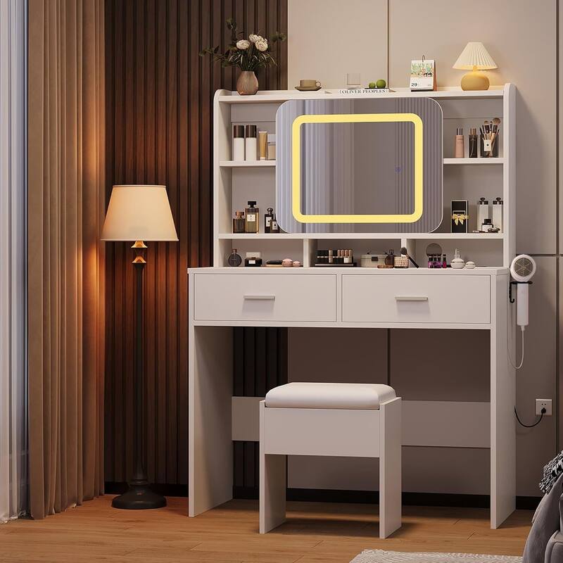 2 Drawer Vanity Desk Makeup Table with Charging Station, Storage Shelves - White
