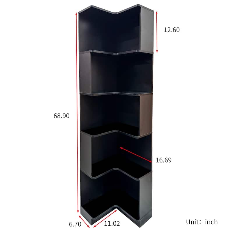 5-Tier Corner Bookshelf with Baffle & LED Lights, L-Shaped Freestanding Display Shelf for Home Office