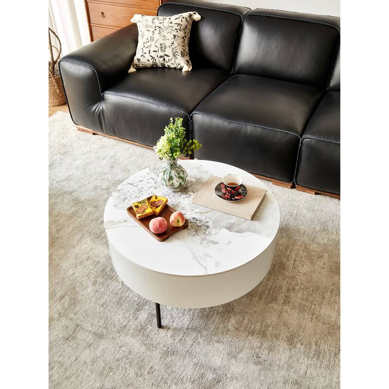 Round & reall Coffee Table with Drawers and metal legs,Table with Golden Legs Circular Center Table with ceramic Pattern Top