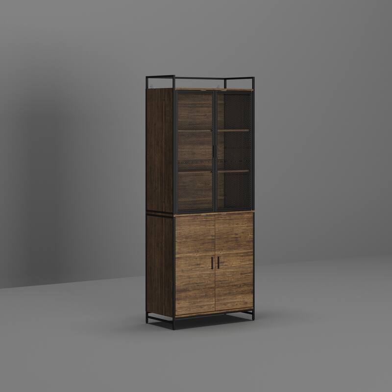 Multifunctional Kitchen Cabinet Collection Metal Frame Shelf Brown Walnut Color
