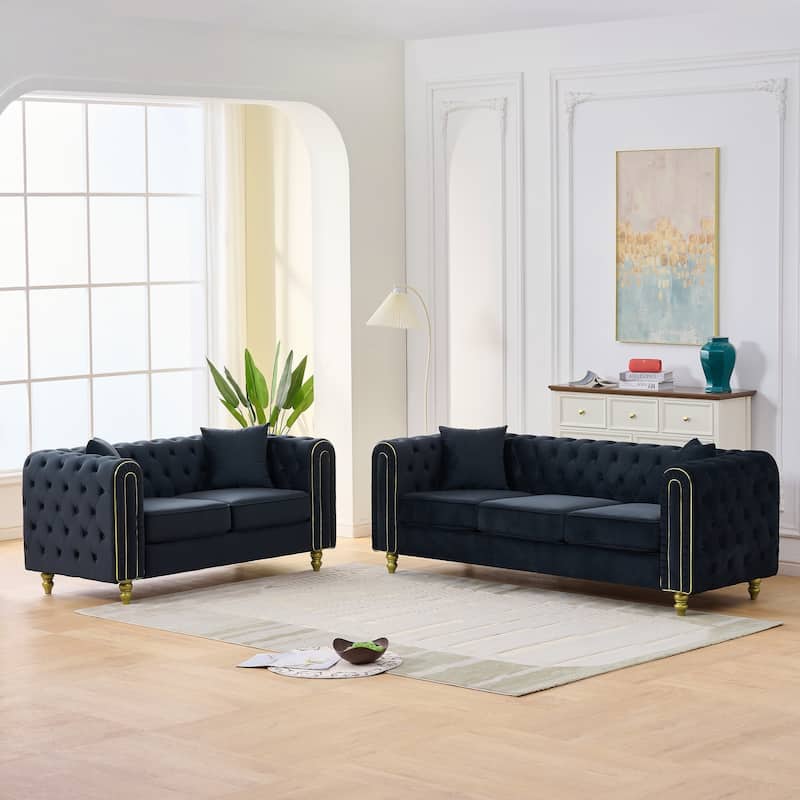 Roomfitters 86" and 63" Modern Tuxedo Chesterfield Sofa and Loveseat Set with Gold Trim, Button Back 2-Piece Couch Set - Black