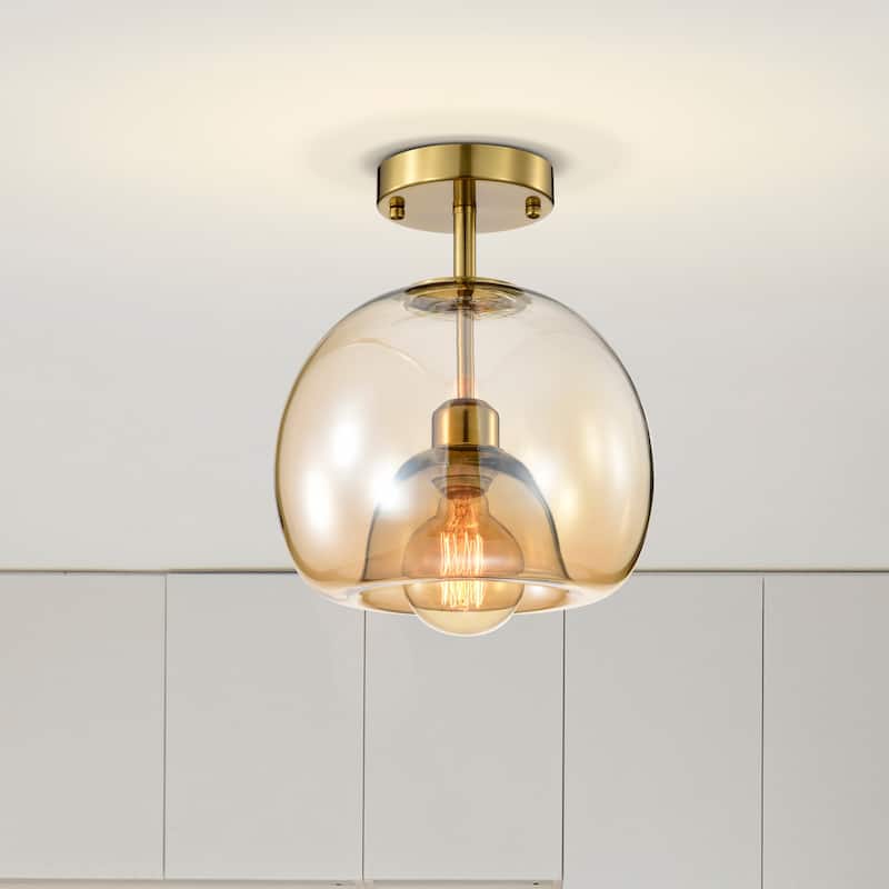 Mirka Brass Semi-Flush Mount Ceiling Lamp with Amber Impressed Glass Shade
