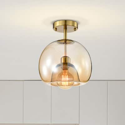 Mirka Brass Semi-Flush Mount Ceiling Lamp with Amber Impressed Glass Shade