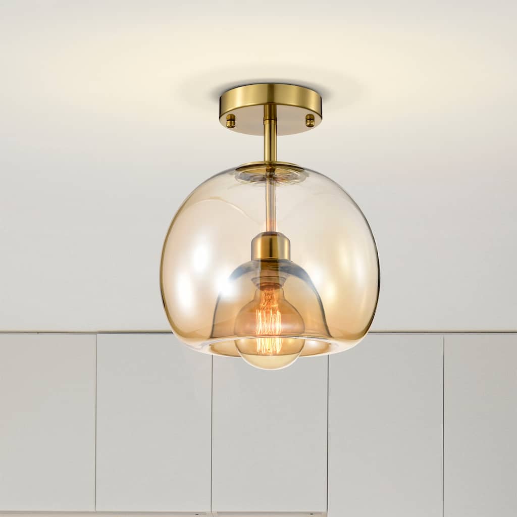Mirka Brass Semi-Flush Mount Ceiling Lamp with Amber Impressed Glass Shade