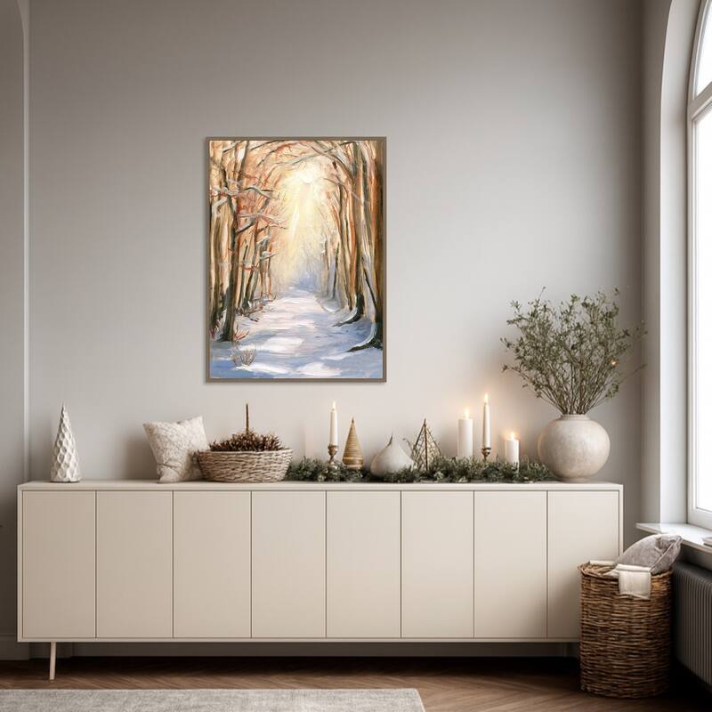 Path in Winter by Sandra Iafrate Framed Canvas Wall Art Print - Sylvie Dark Gold