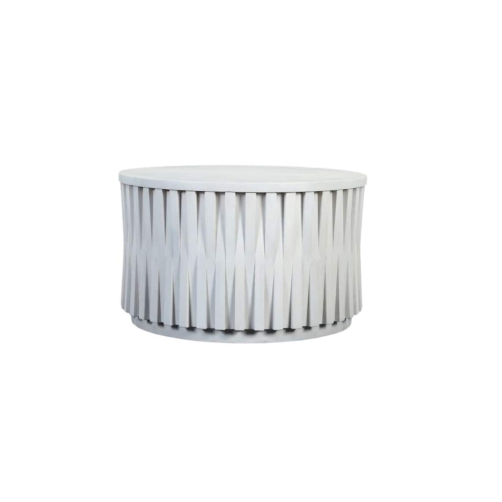 30" White Wooden Coffee Table - Round Shape Hi-Lo Vertical Woven Slats Accent Table