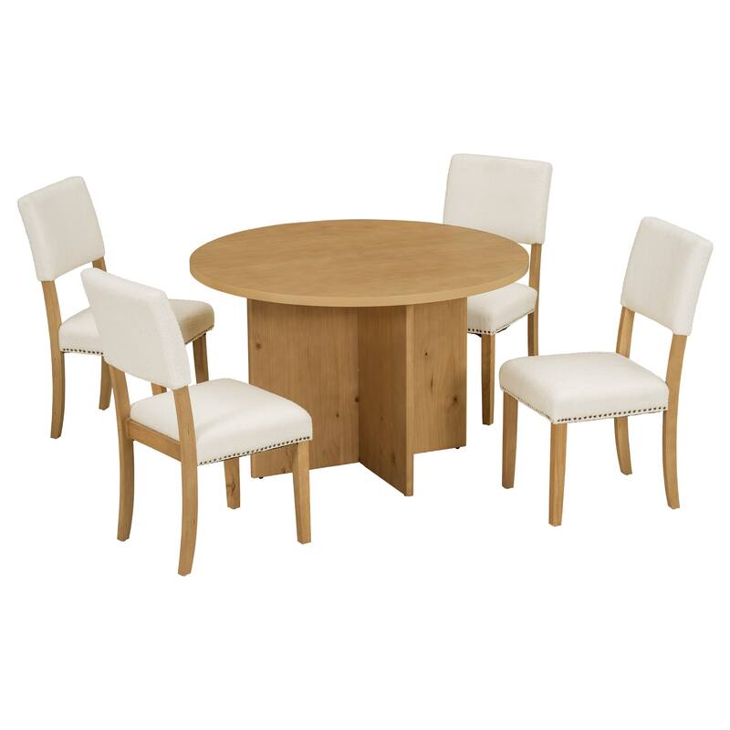 5-Piece Farmhouse Wooden Dining Set with Round Table & 4 Chairs