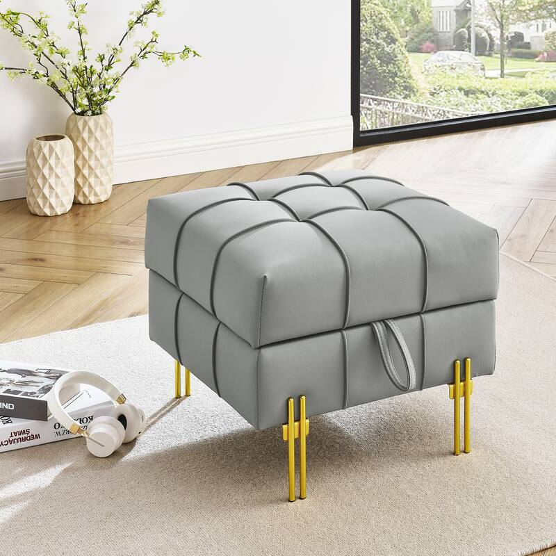 22 inches Anti-scratch Leather Storage Ottoman, Pet Friendly Entryway Bench with Golden Stainless Steel Legs, Gray - Gray